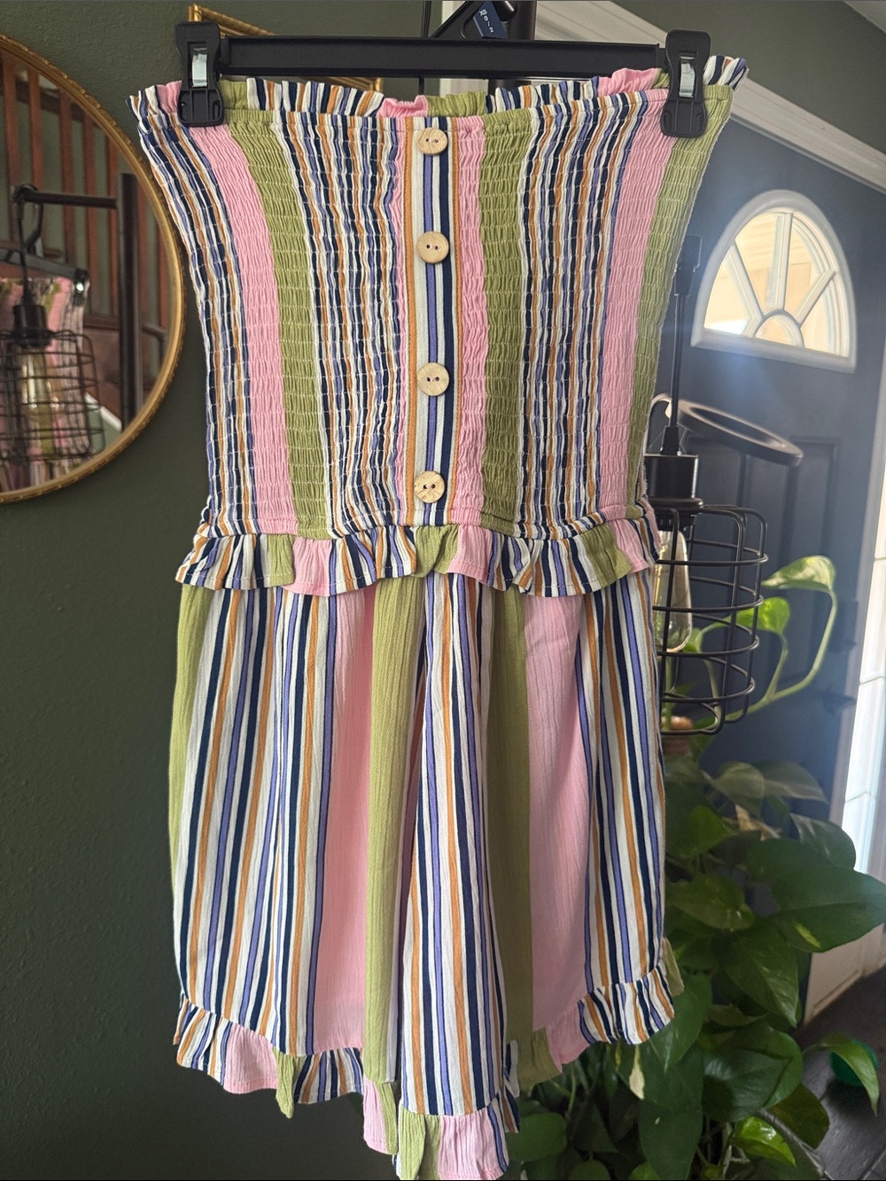Pink & Green Striped romper with Button Fronts